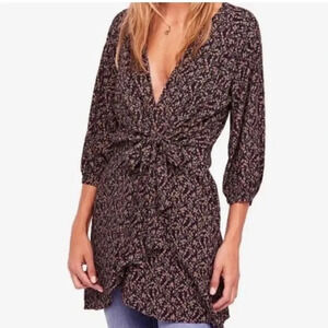 Free People Clara Dress Floral Wrap Dress Mini Long Sleeve Boho Size XS